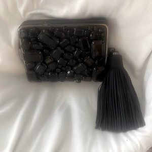 Tory Burch unique black jeweled evening clutch metal encased huge tassel